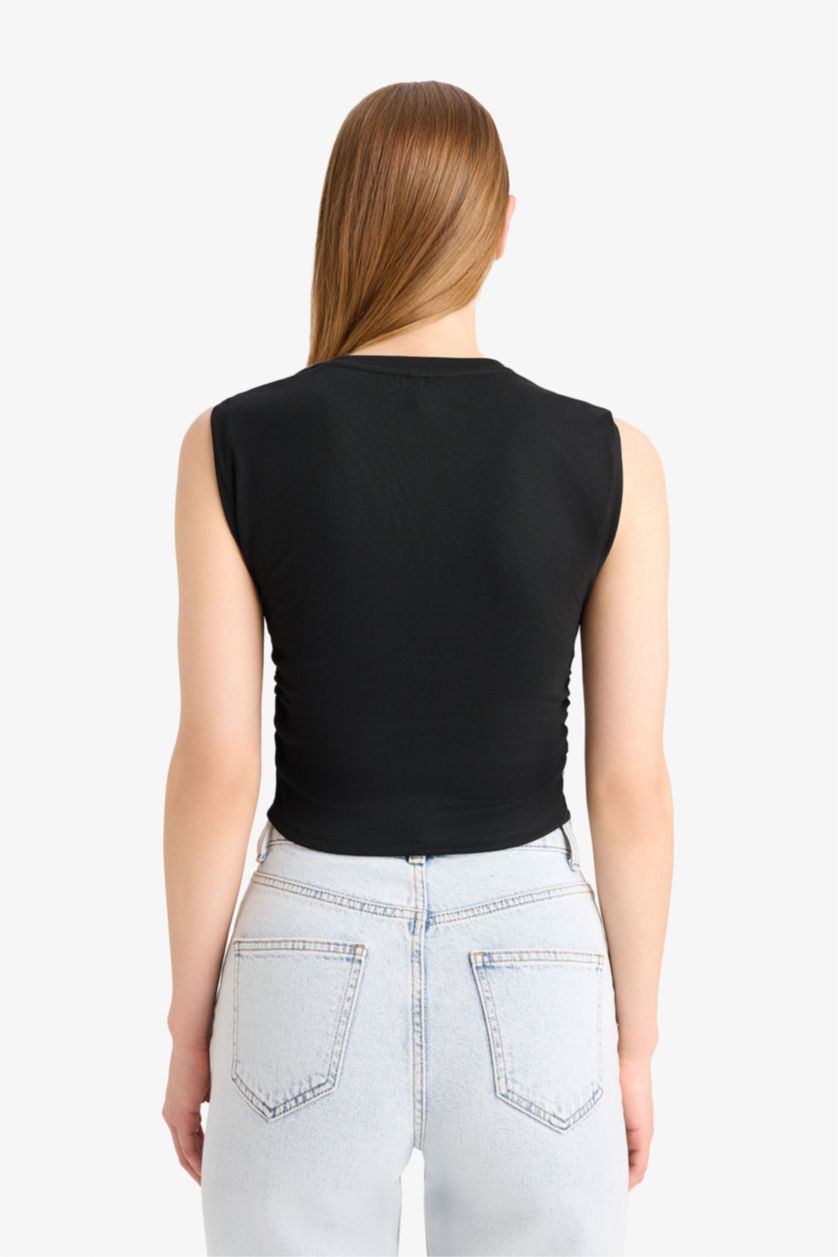 WOMAN Black Slim Fit Basic Crew Neck Ribbed Tank Top