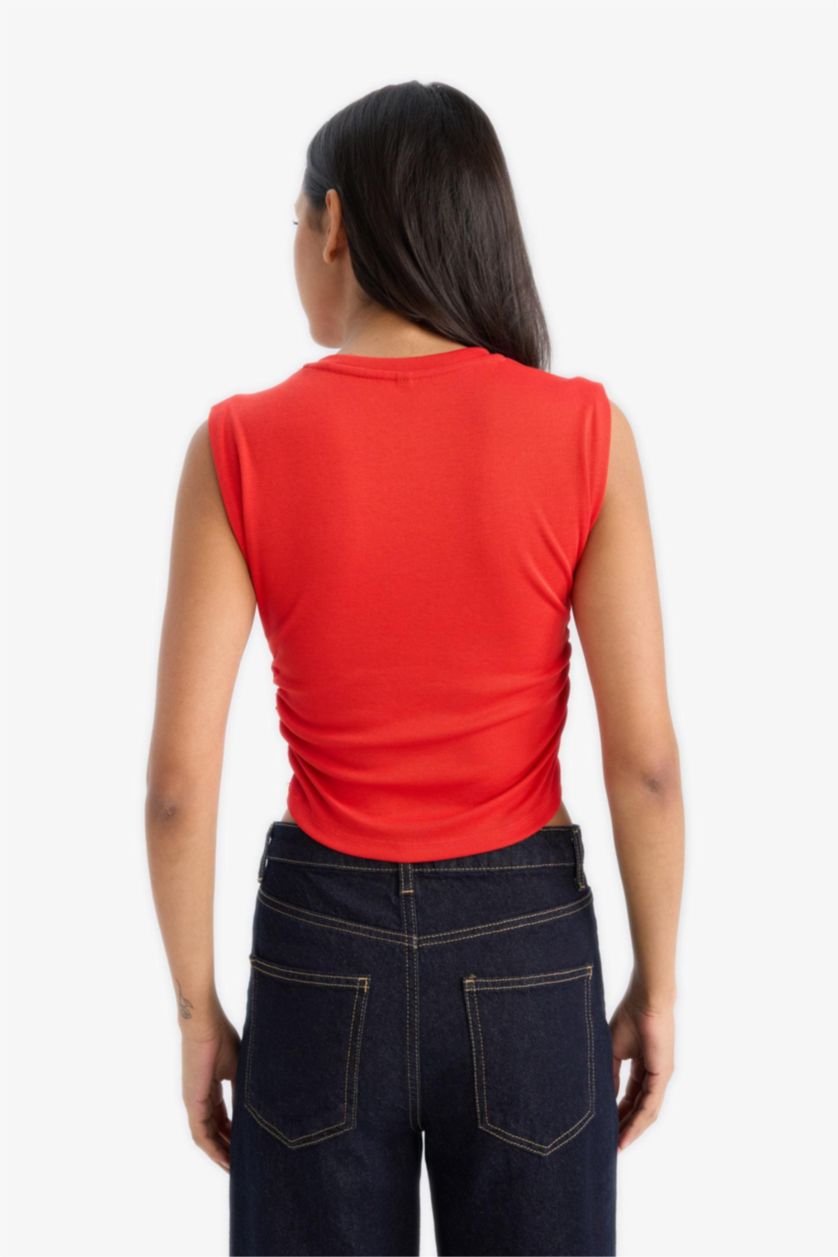 Kadın Kırmızı Slim Fit Dar Kesim Bisiklet Yaka Büzgülü Ribana Atlet