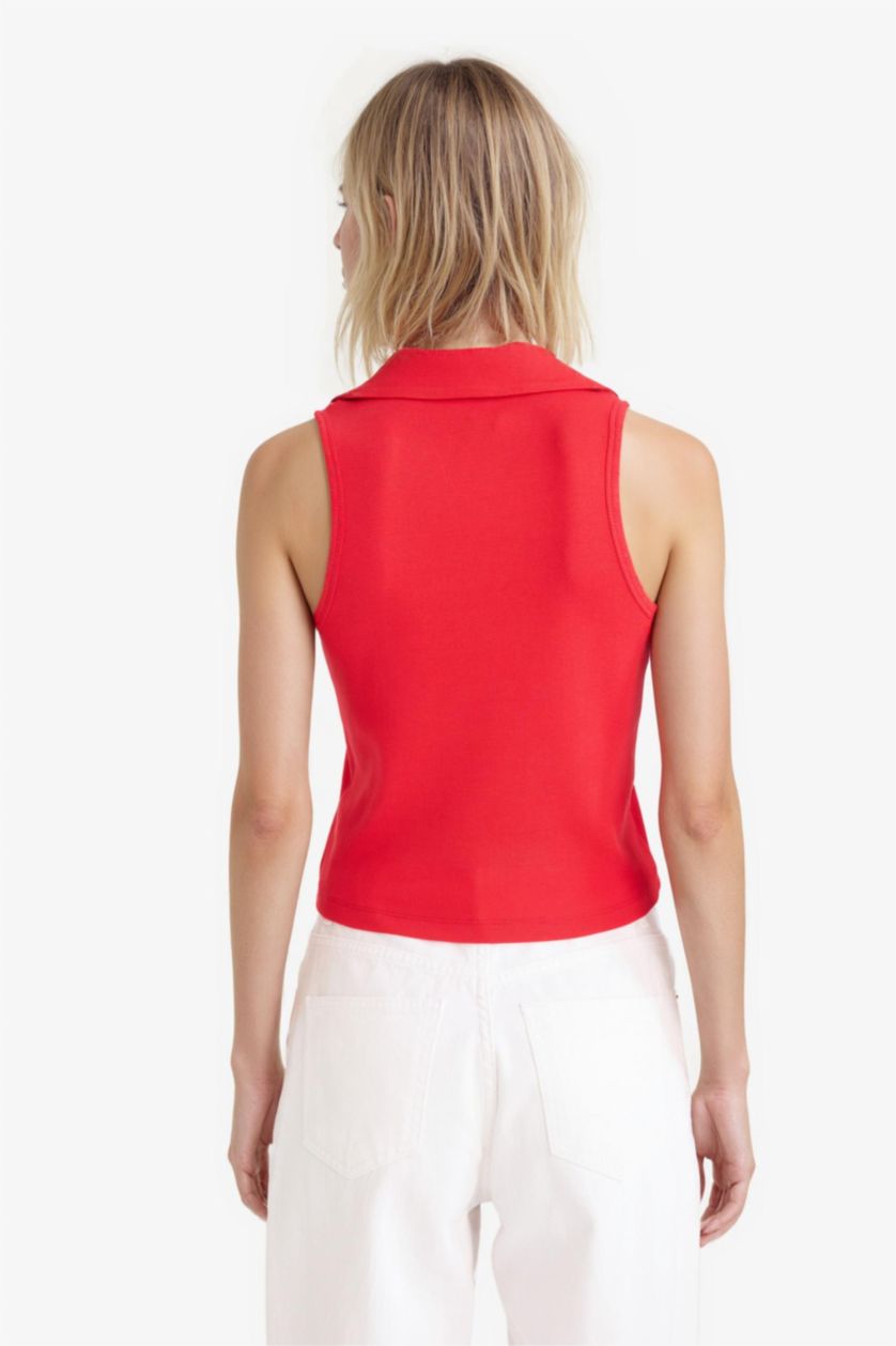 Kadın Kırmızı %100 Pamuk Slım Fıt Polo Yaka Ribana Atlet