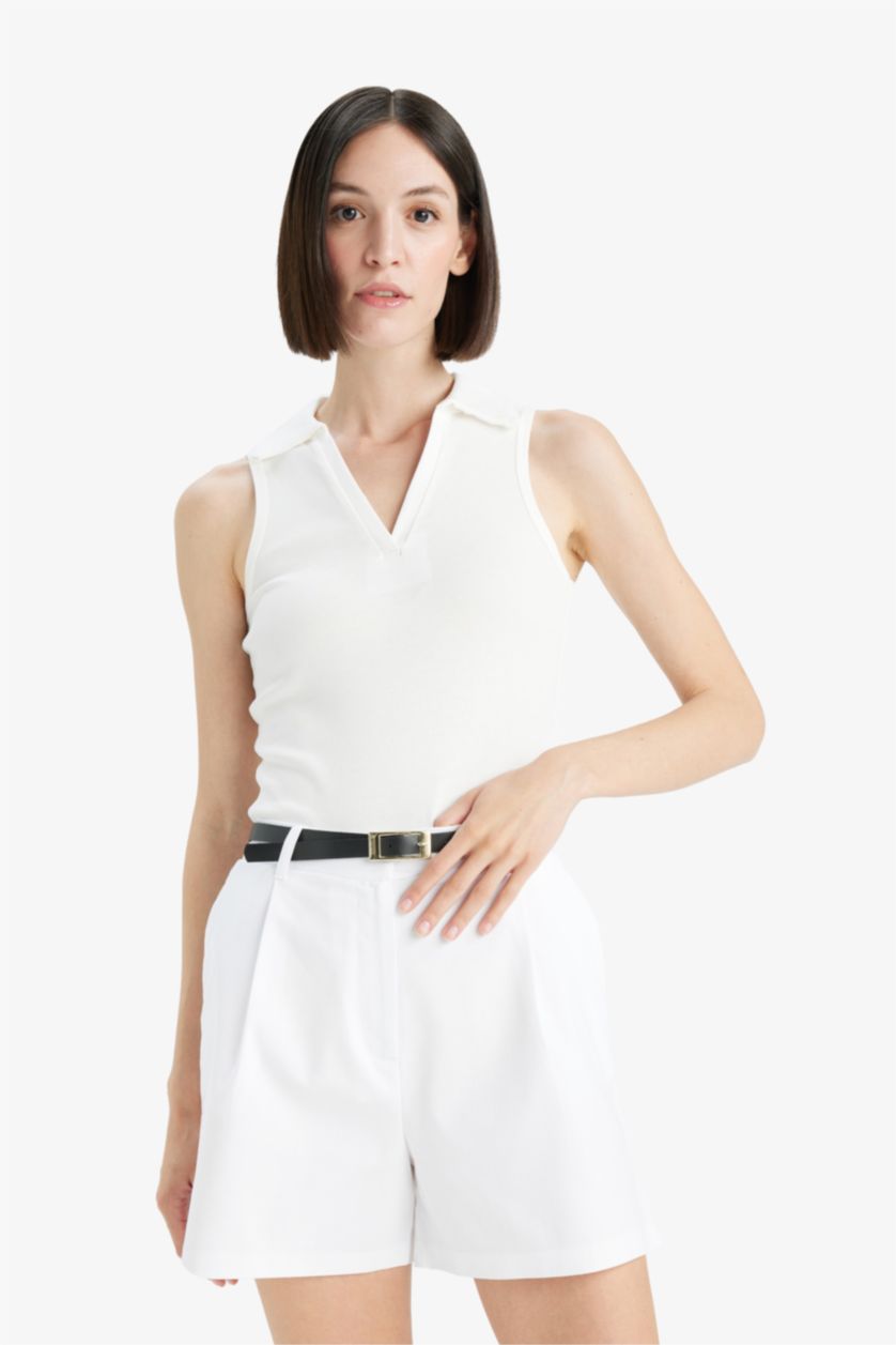 Woman Ecru Slim Fit Ribana Polo Collar Tank Top