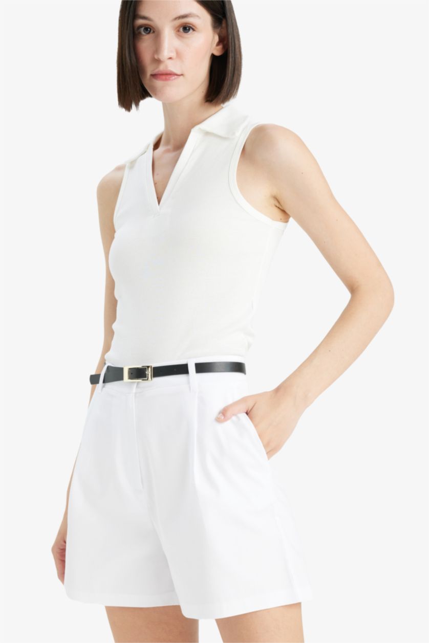 Woman Ecru Slim Fit Ribana Polo Collar Tank Top