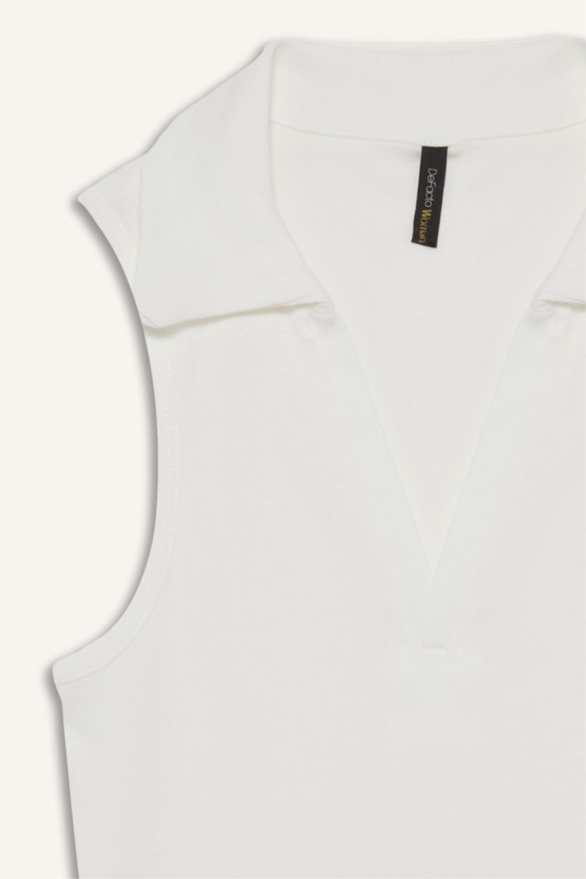 Woman Ecru Slim Fit Ribana Polo Collar Tank Top