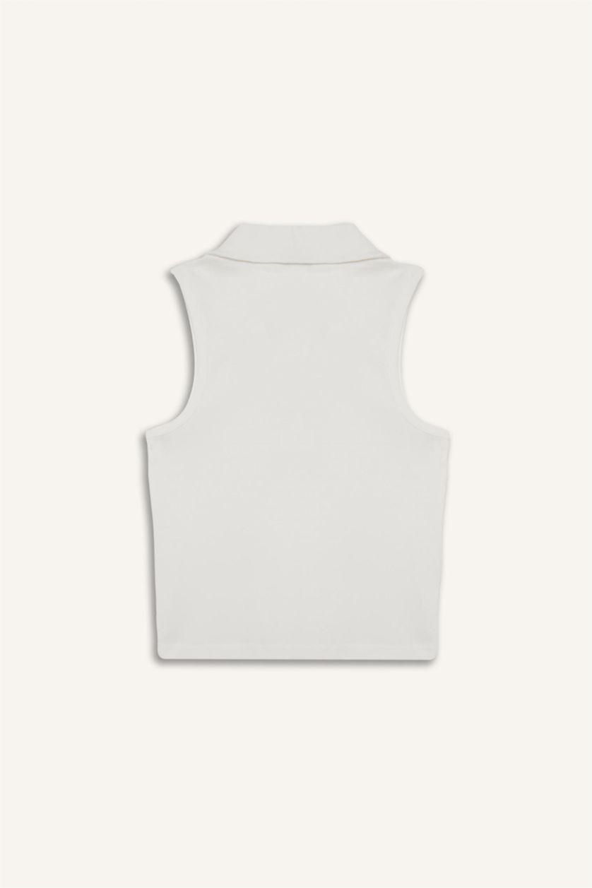 Woman Ecru Slim Fit Ribana Polo Collar Tank Top