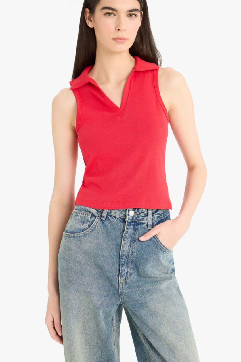 WOMAN Red Slim Fit Polo Neck Ribbed Red Tank Top