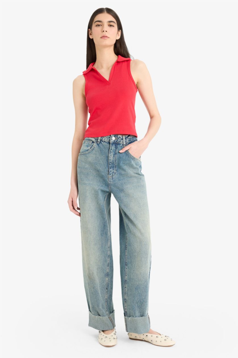 WOMAN Red Slim Fit Polo Neck Ribbed Red Tank Top