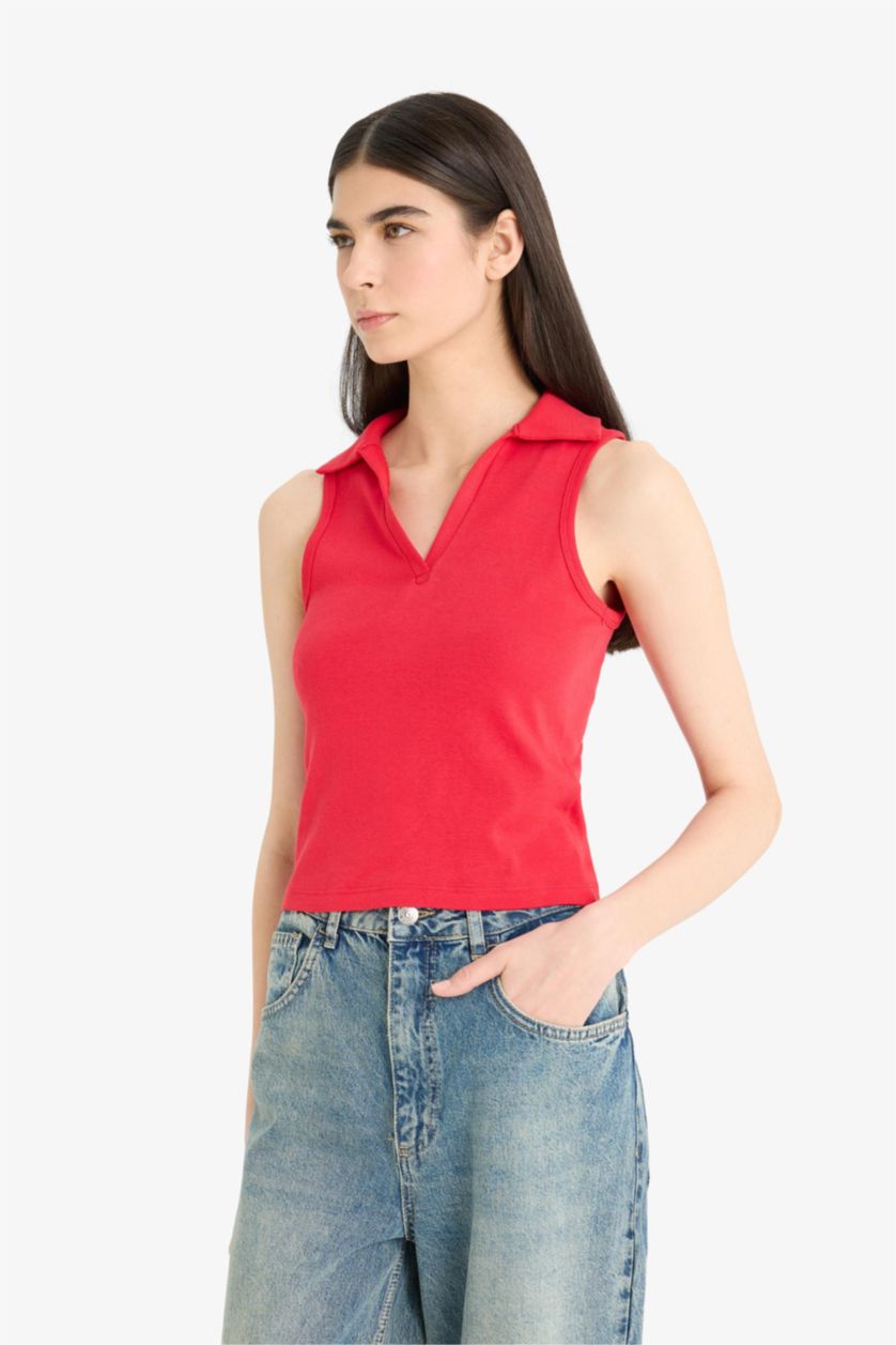 WOMAN Red Slim Fit Polo Neck Ribbed Red Tank Top