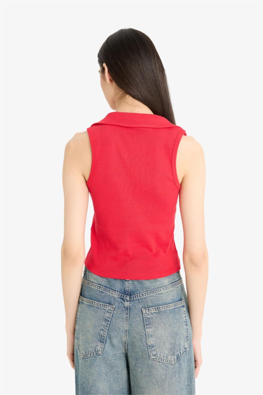 WOMAN Red Slim Fit Polo Neck Ribbed Red Tank Top