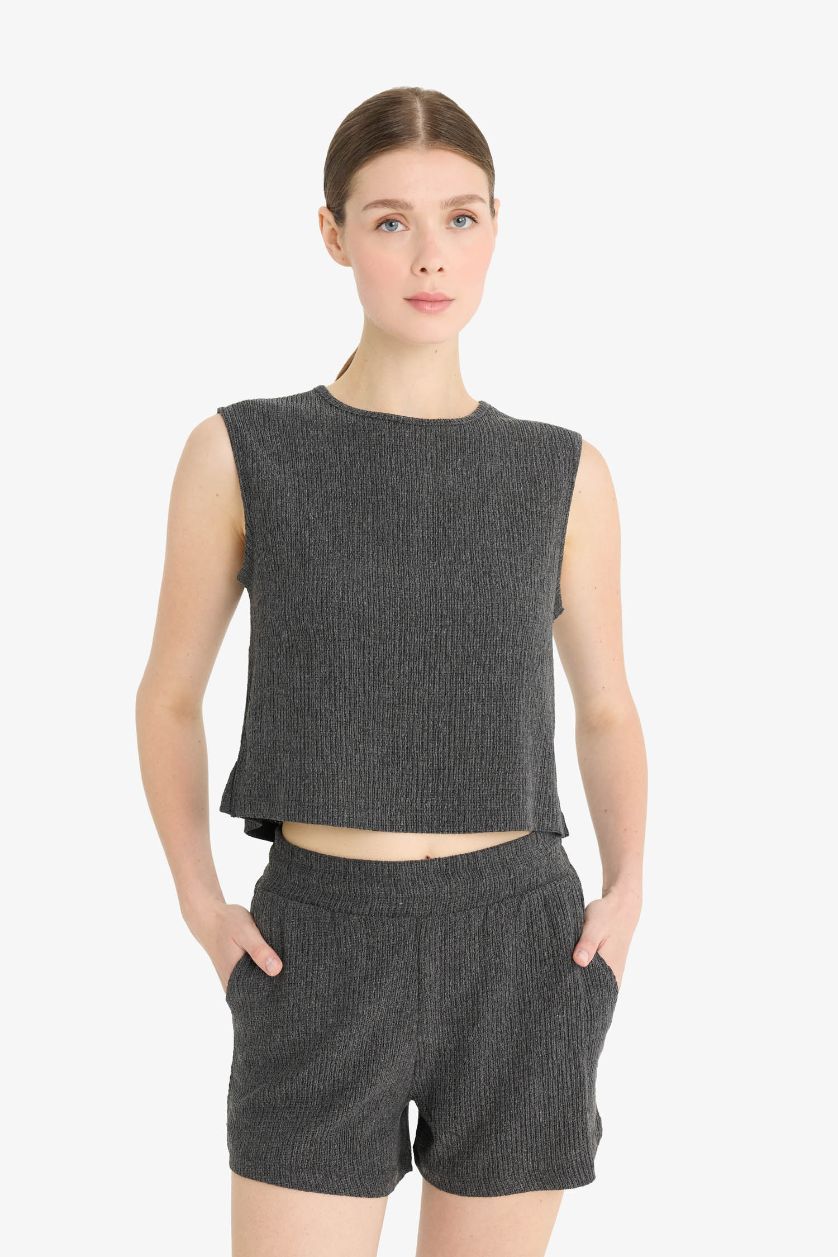 WOMAN Anthracite Melange Boxy Fit Crew Neck Crepe Tank Top