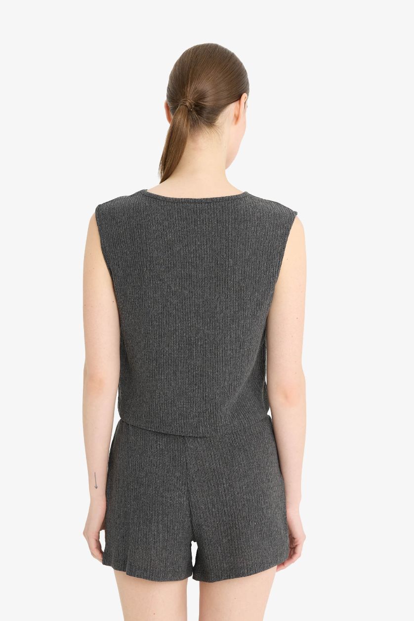 WOMAN Anthracite Melange Boxy Fit Crew Neck Crepe Tank Top