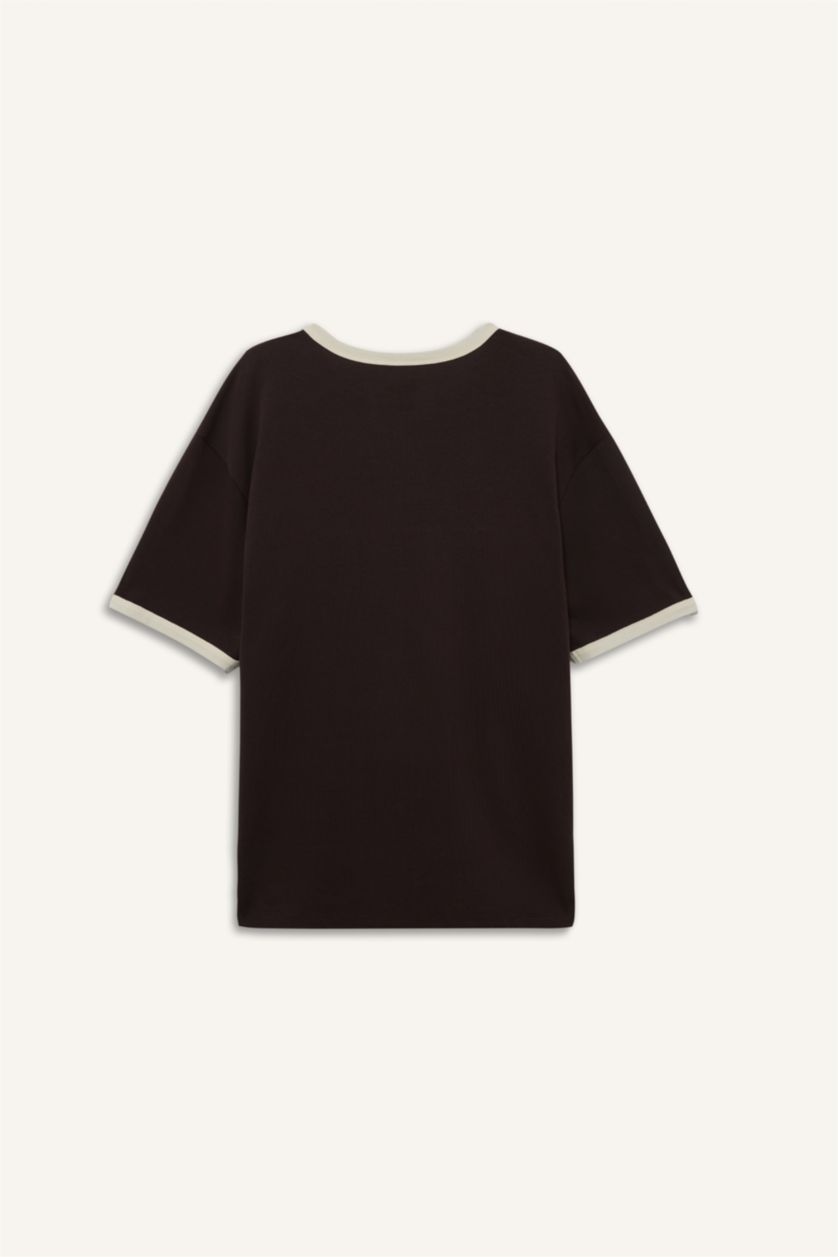 رجال بني تيشيرت قطن نص ردن اوفر سايز بياخة مستديرة