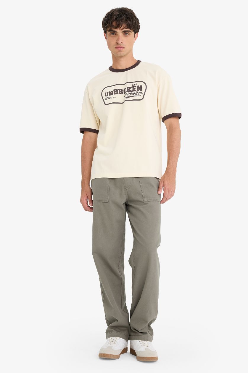 Erkek Ekru %100 Pamuk Boxy Fit Bisiklet Yaka Baskılı Kısa Kollu Tişört