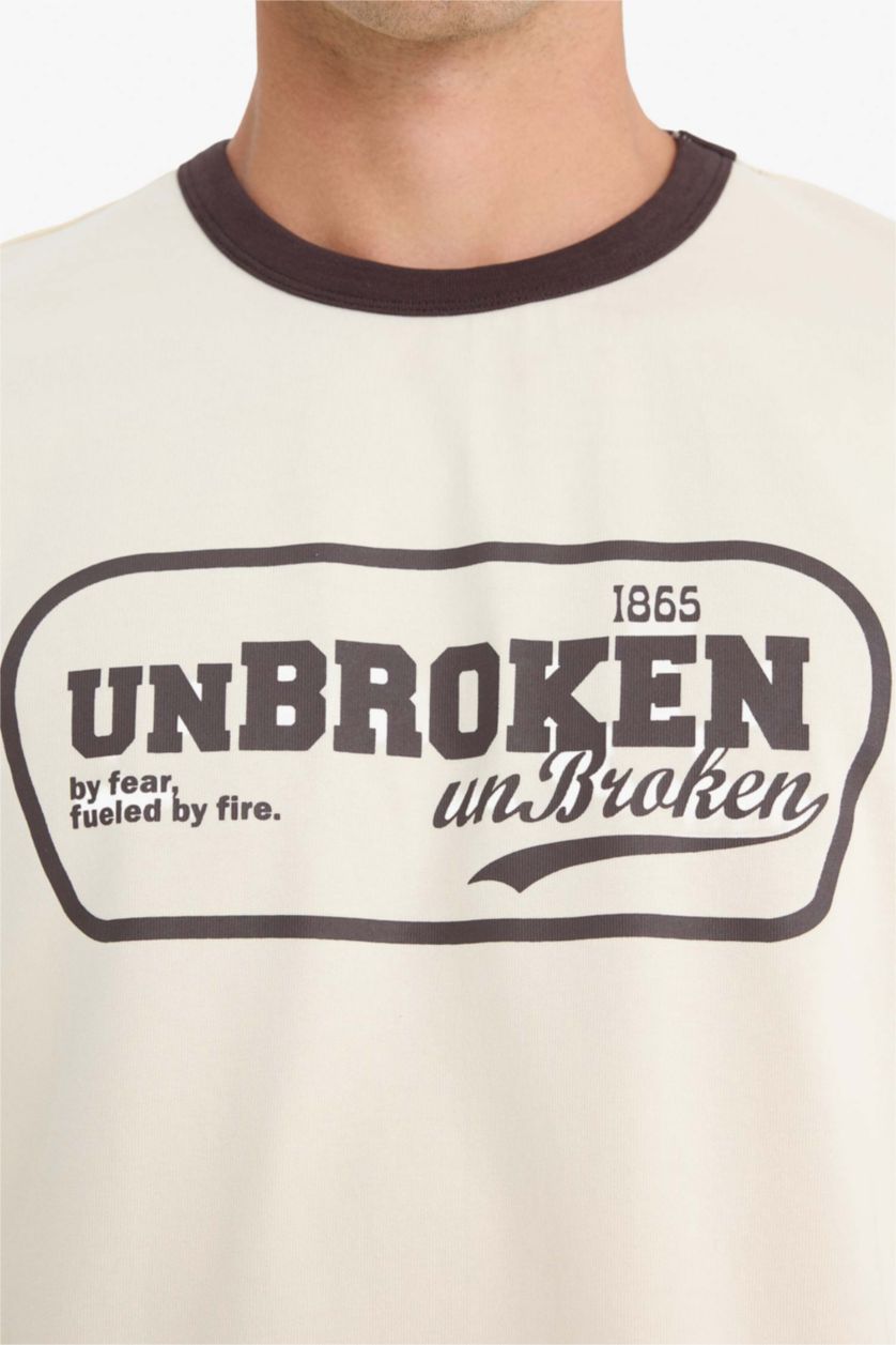 Erkek Ekru %100 Pamuk Boxy Fit Bisiklet Yaka Baskılı Kısa Kollu Tişört