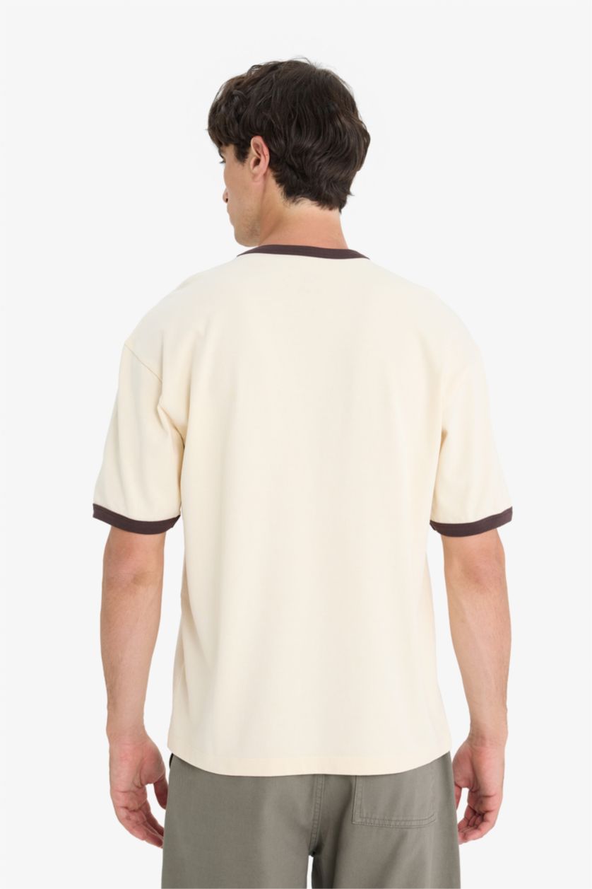 Erkek Ekru %100 Pamuk Boxy Fit Bisiklet Yaka Baskılı Kısa Kollu Tişört
