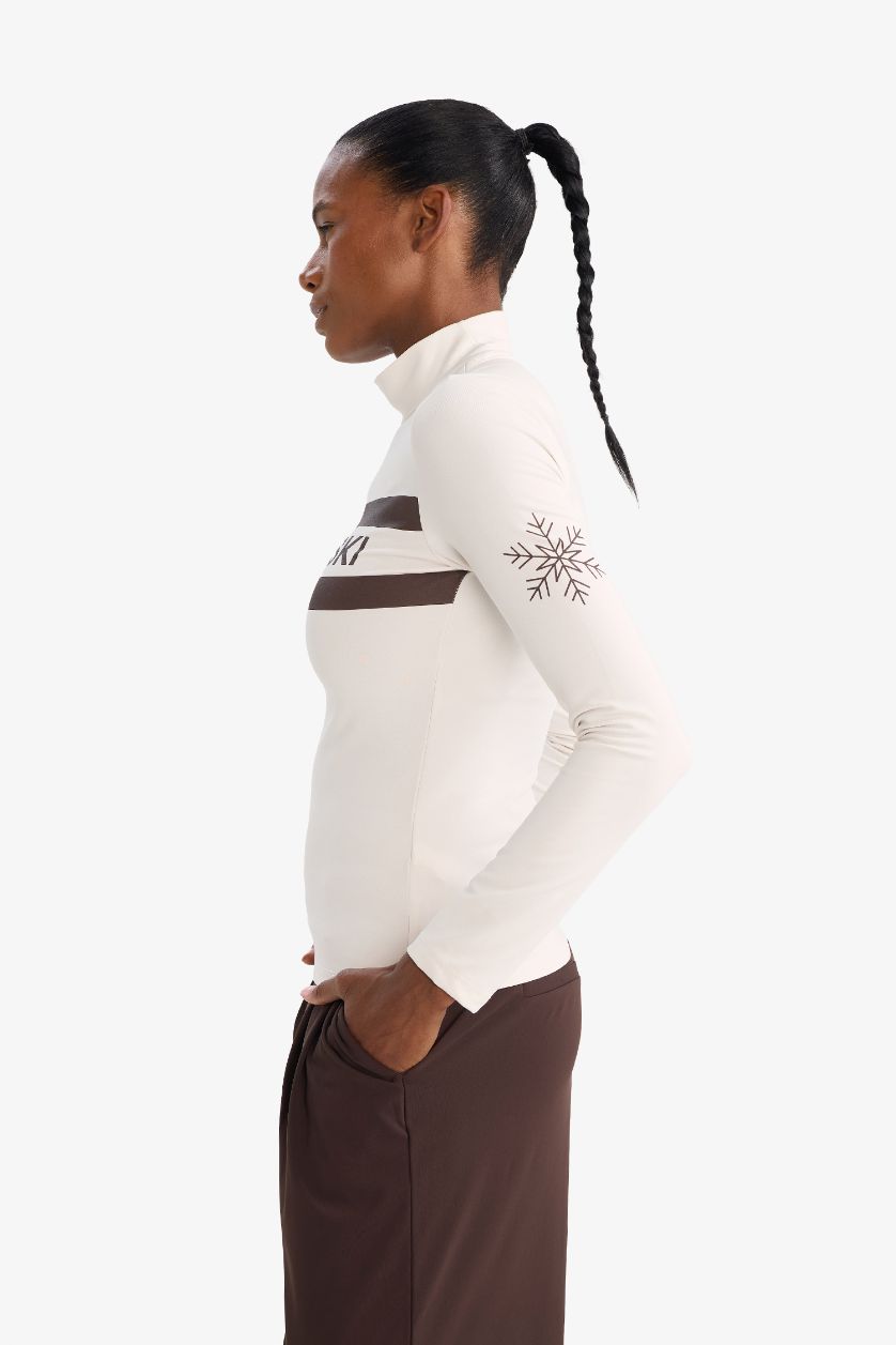 WOMAN White Slim Fit Stand Collar Inner Pocket Brushed Fleece Sports T-Shirt