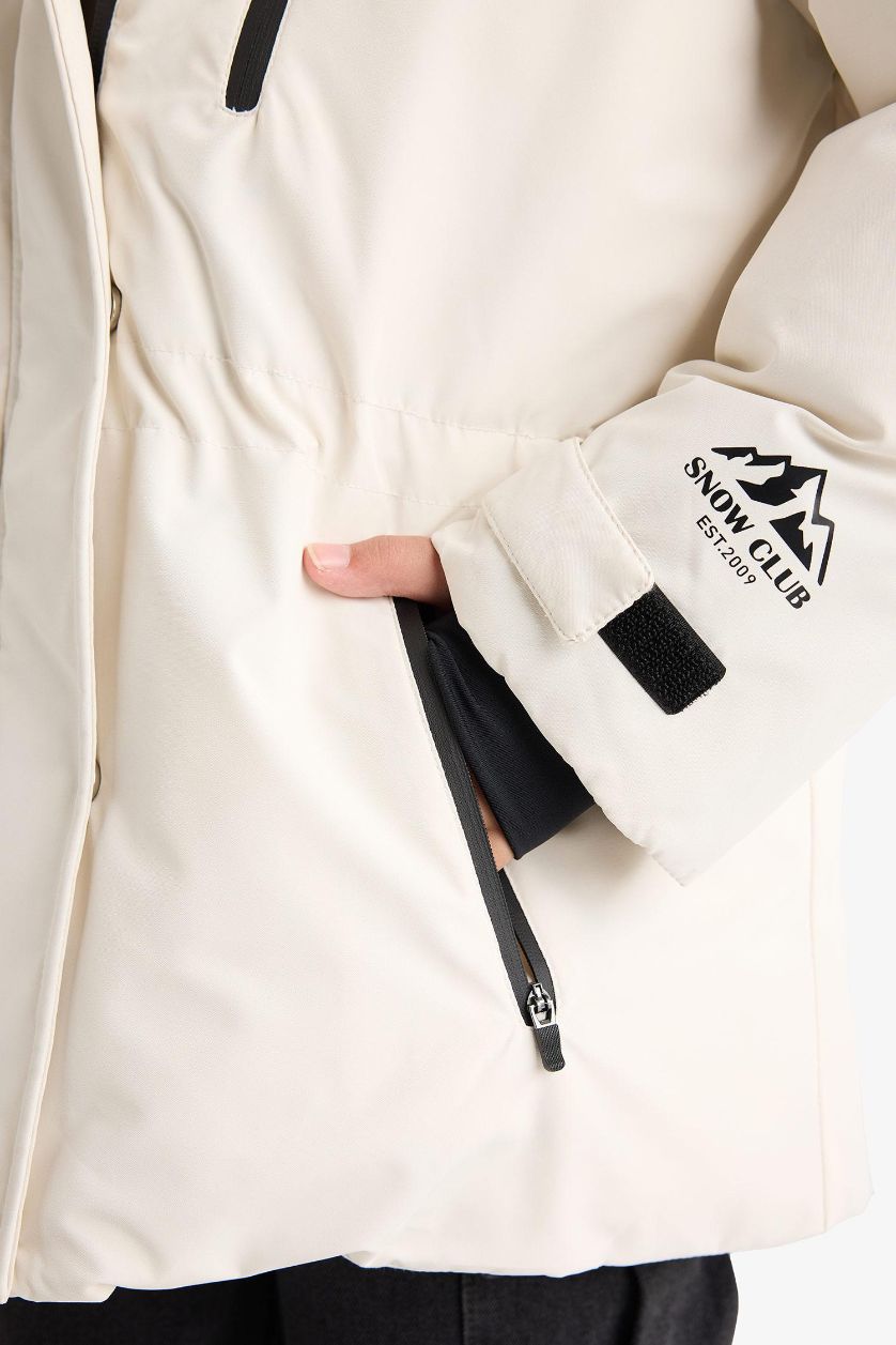 Kız Çocuk - Genç Kız Ekru Kız Çocuk Çıkarılabilir Suni Kürk Yaka Kapüşonlu Polar Astarlı Fermuarlı Şişme Kayak Montu