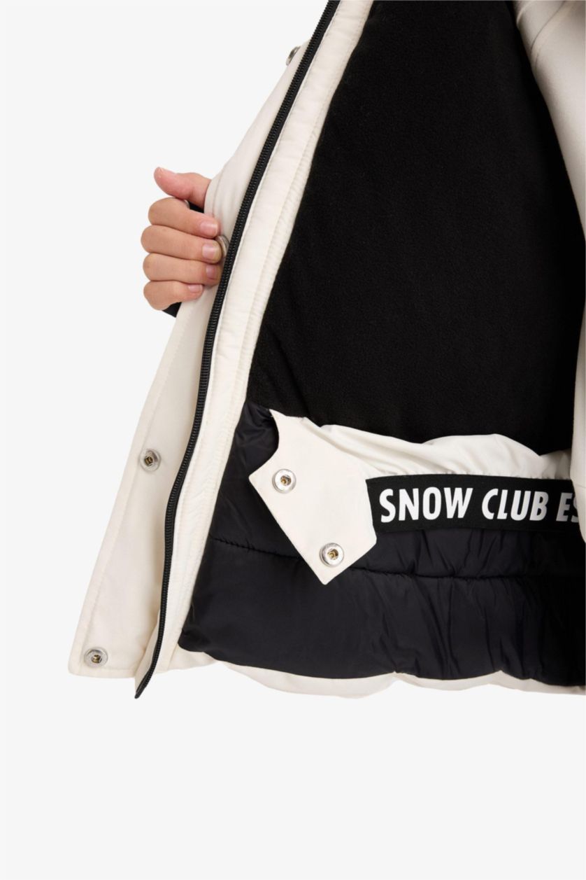 Young Girls - Teen Girls Ecru Girl Detachable Faux Fur Collar Hooded Fleece Lined Puffer Ski Jacket