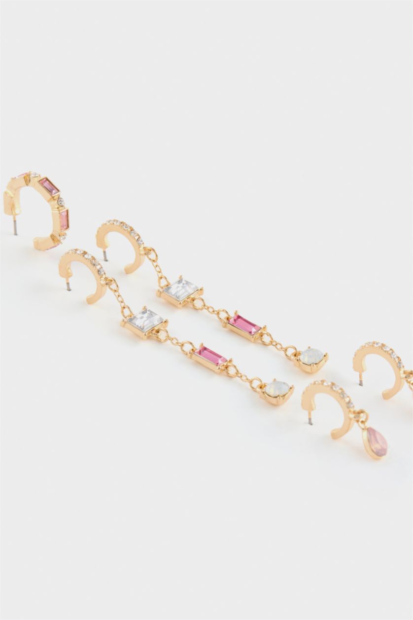 Kadın Altın DCEY x DeFacto Kadın 3'lü Pembe Taşlı Gold Küpe