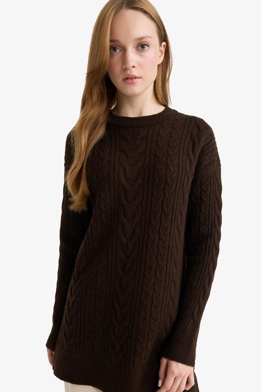 حريمي بني تونيك تريكو طويل قصة مريحة بياخة مستديرة