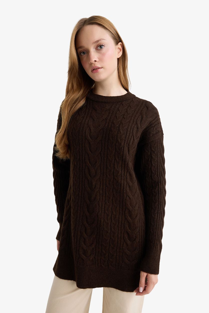 حريمي بني تونيك تريكو طويل قصة مريحة بياخة مستديرة