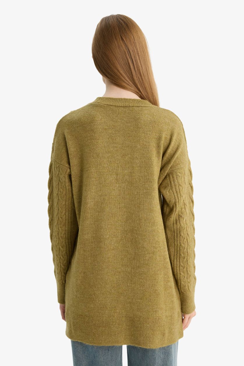 Kadın Yeşil Relax Fit Bisiklet Yaka Triko Kazak Tunik