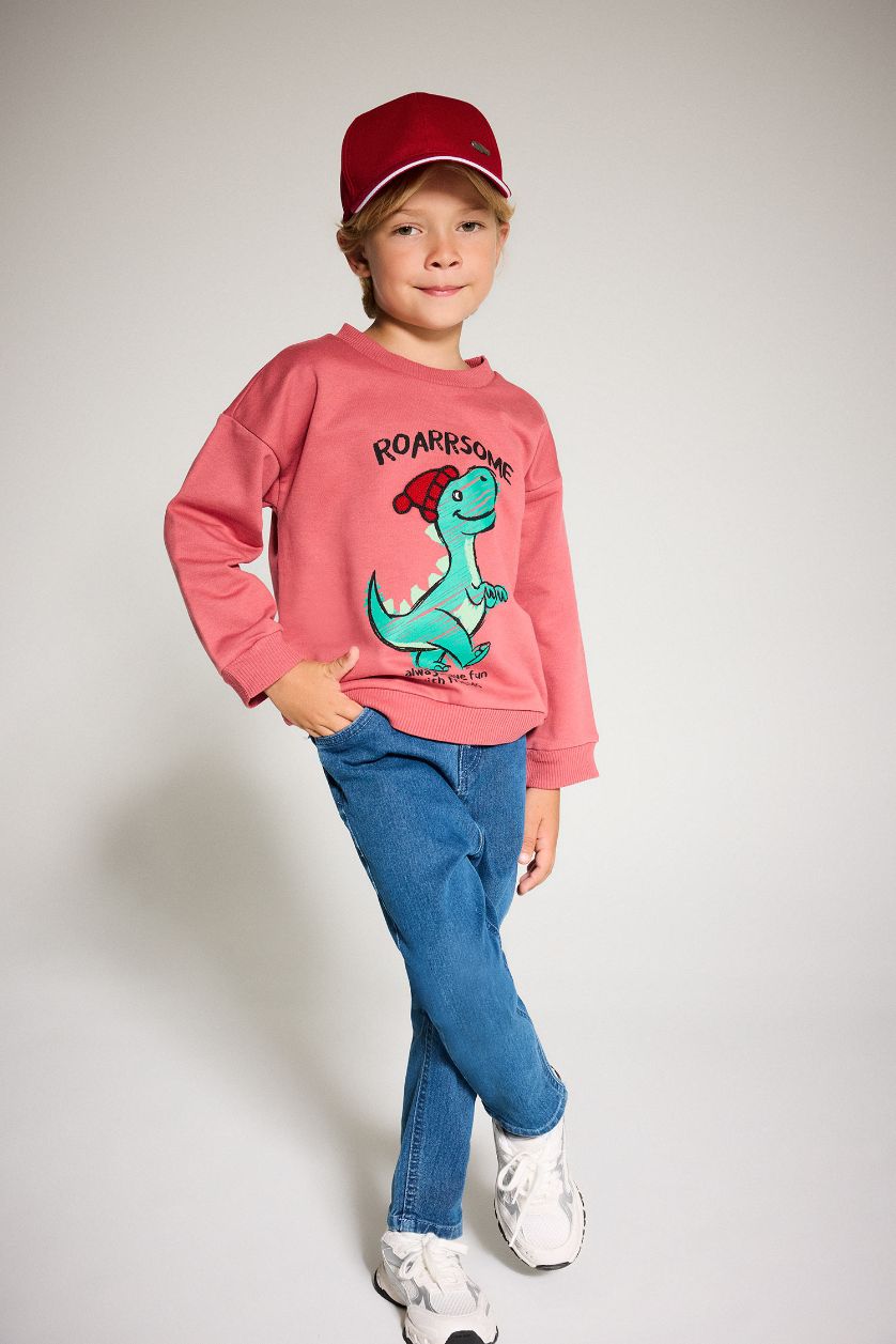 Erkek Bebek Koyu Gülkurusu Bisiklet Yaka Dinozor Baskılı İçi Yumuşak Tüylü Sweatshirt Erkek Bebek