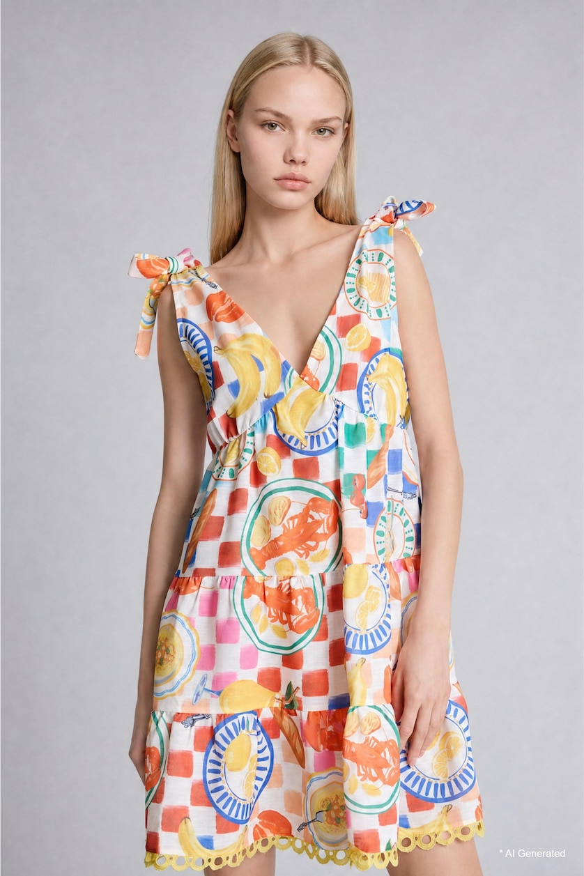 WOMAN Ecru Afra x DeFacto Regular Fit Tropical Patterned Dress