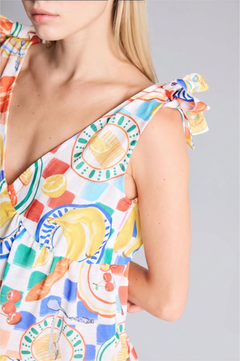 نساء بيج فاتح Afra x DeFacto Regular Fit Tropical Patterned Dress
