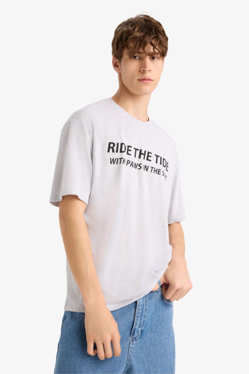 Man Grey Melange Boxy Fit Crew Neck Printed Short Sleeve T-Shirt