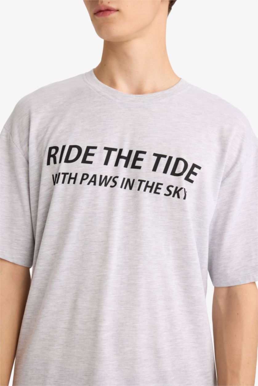 Man Grey Melange Boxy Fit Crew Neck Printed Short Sleeve T-Shirt