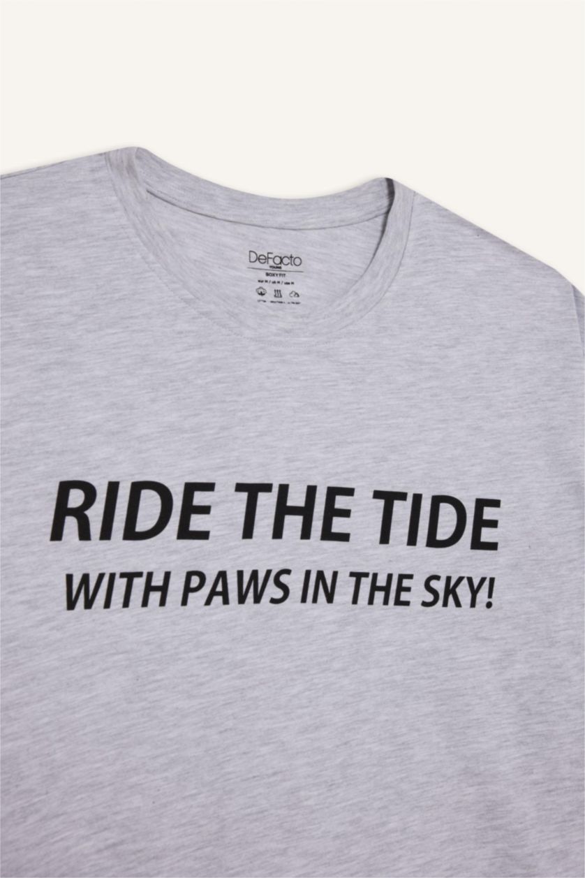 Man Grey Melange Boxy Fit Crew Neck Printed Short Sleeve T-Shirt