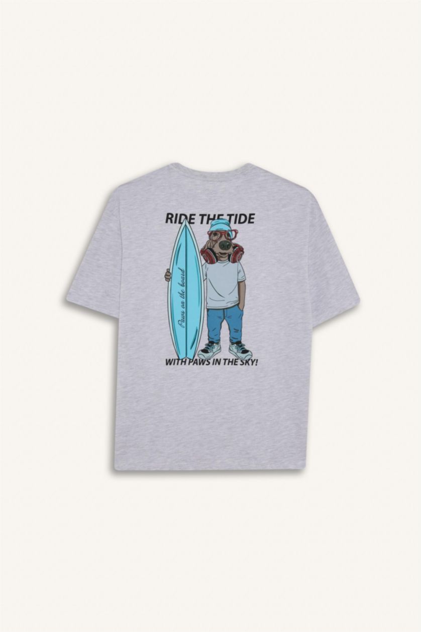 Man Grey Melange Boxy Fit Crew Neck Printed Short Sleeve T-Shirt