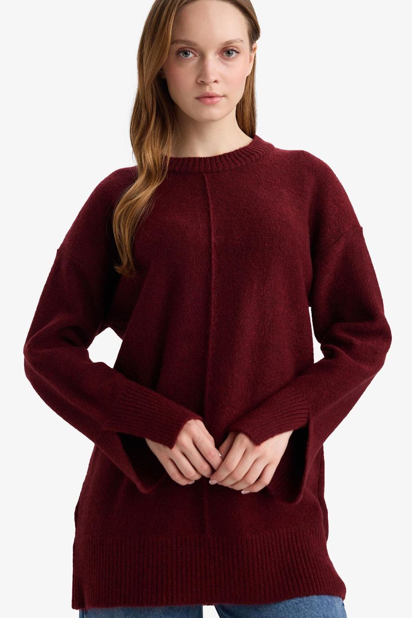 Kadın Bordo Yün Karışımlı Loose Fit Bisiklet Yaka Triko Kazak Tunik