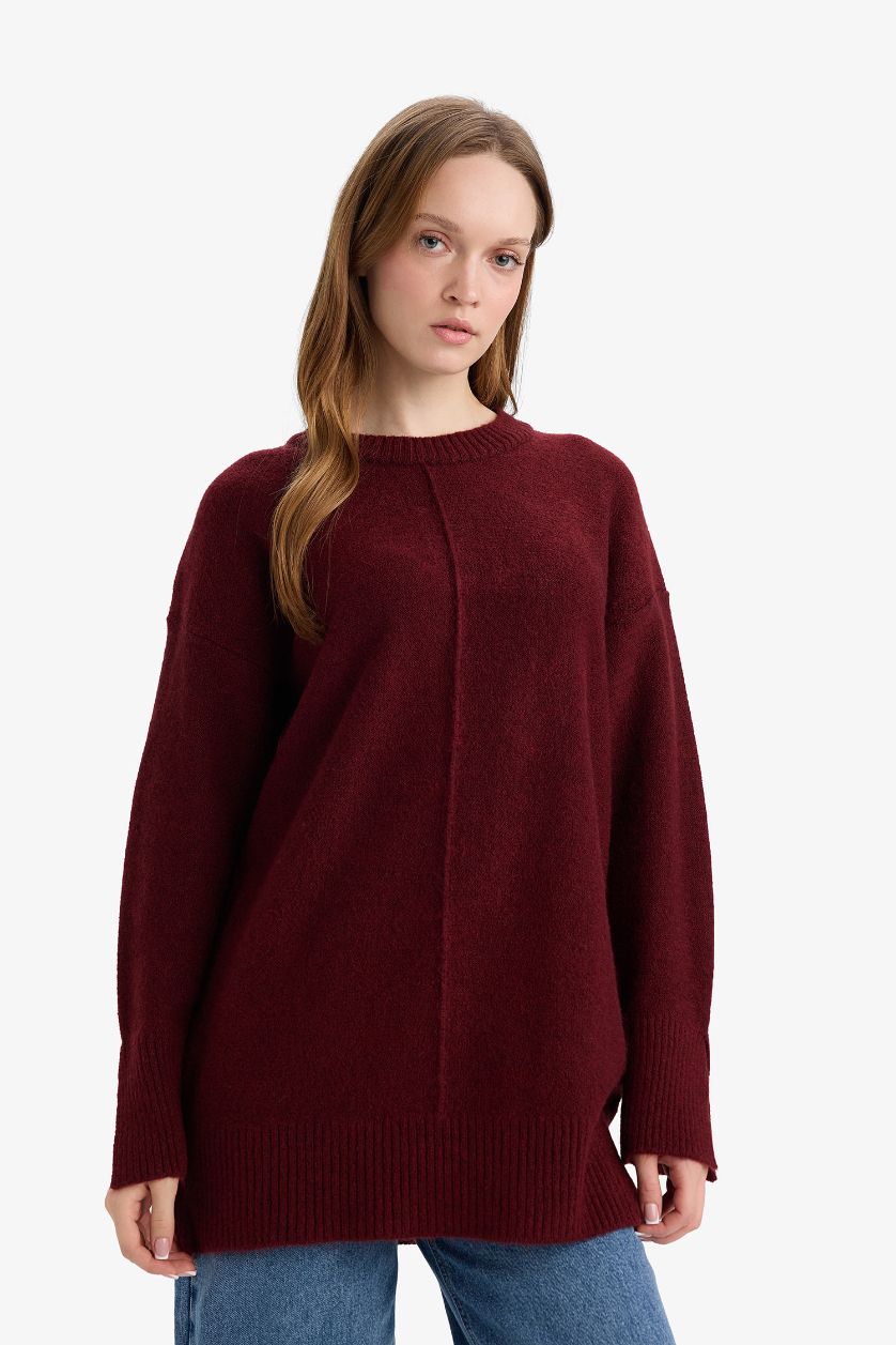 Kadın Bordo Yün Karışımlı Loose Fit Bisiklet Yaka Triko Kazak Tunik