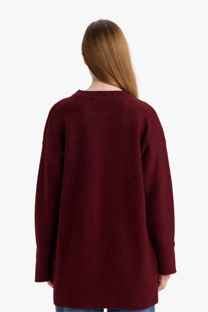 Kadın Bordo Yün Karışımlı Loose Fit Bisiklet Yaka Triko Kazak Tunik