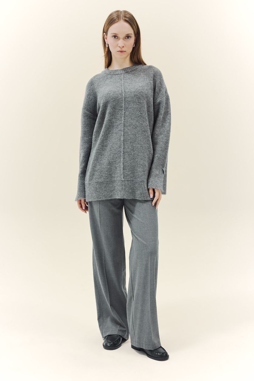 Kadın Gri Yün Karışımlı Loose Fit Bisiklet Yaka Triko Kazak Tunik