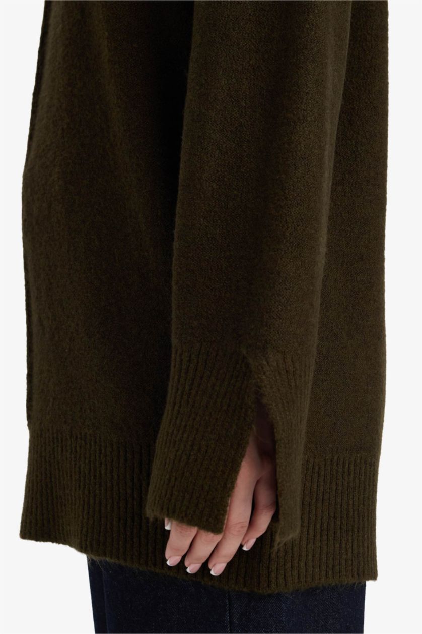 Kadın Haki Yün Karışımlı Loose Fit Bisiklet Yaka Triko Kazak Tunik