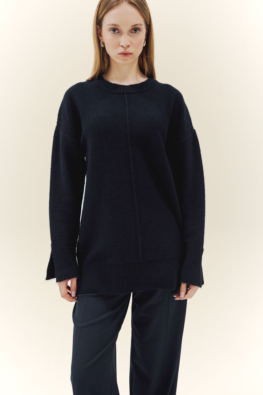 Kadın Lacivert Yün Karışımlı Loose Fit Bisiklet Yaka Triko Kazak Tunik