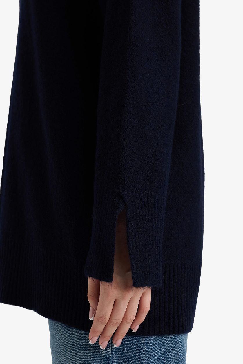 Kadın Lacivert Yün Karışımlı Loose Fit Bisiklet Yaka Triko Kazak Tunik