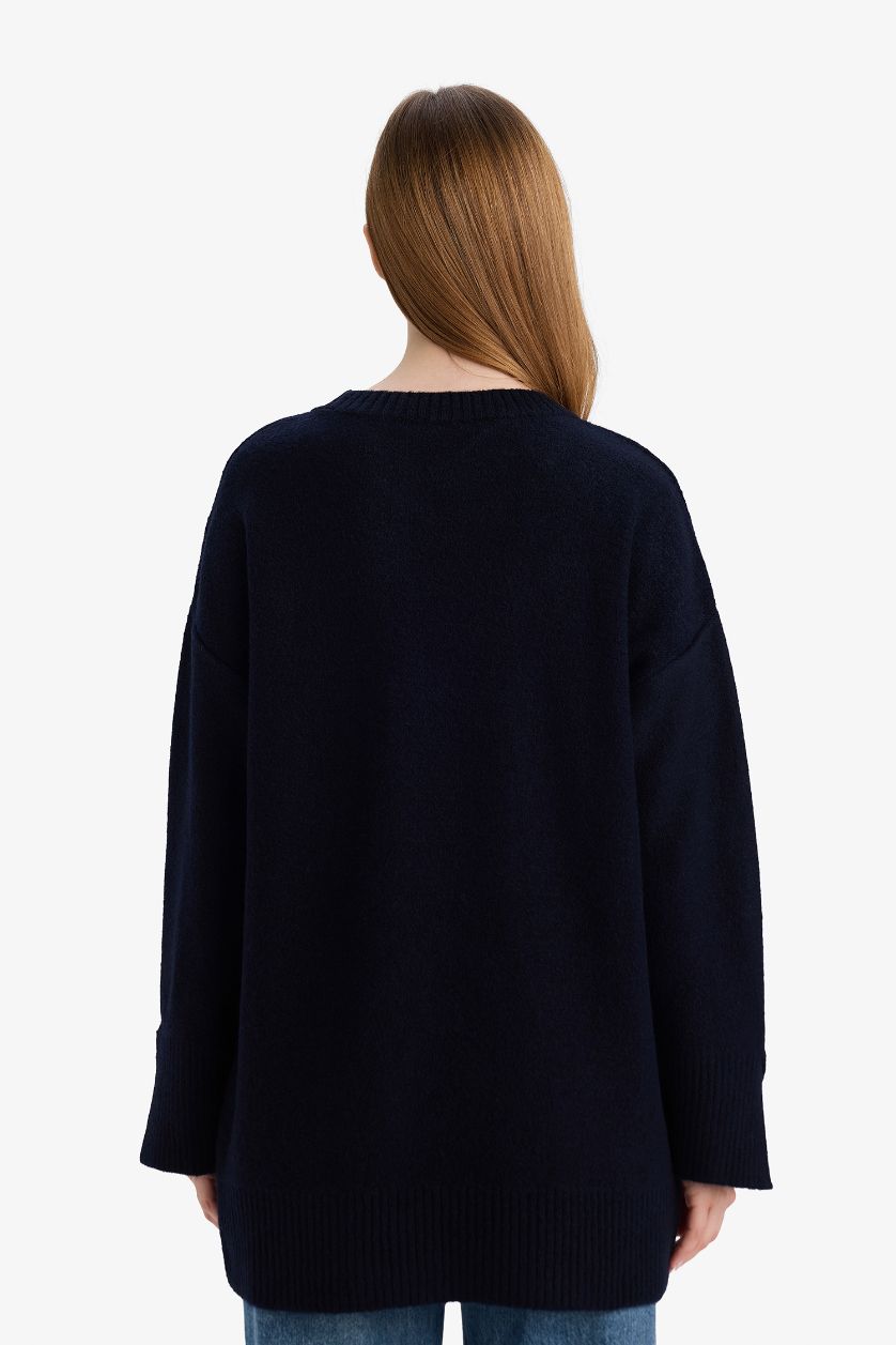 Kadın Lacivert Yün Karışımlı Loose Fit Bisiklet Yaka Triko Kazak Tunik