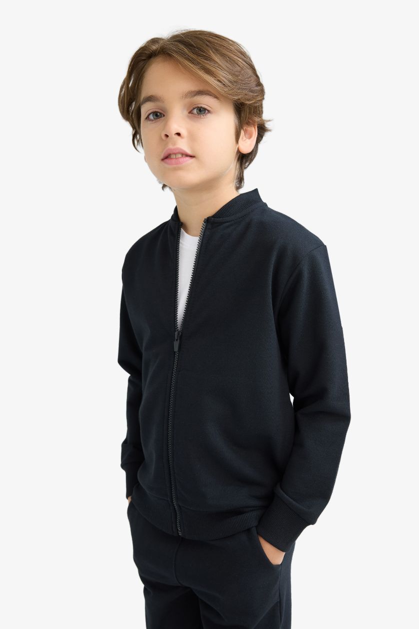 Erkek Çocuk - Genç Erkek Siyah Kolej Yaka Fermuarlı Bomber Ceket Erkek Çocuk