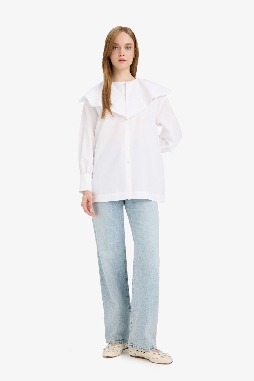 Woman Ecru Relax Fit Poplin Long Sleeve Tunic