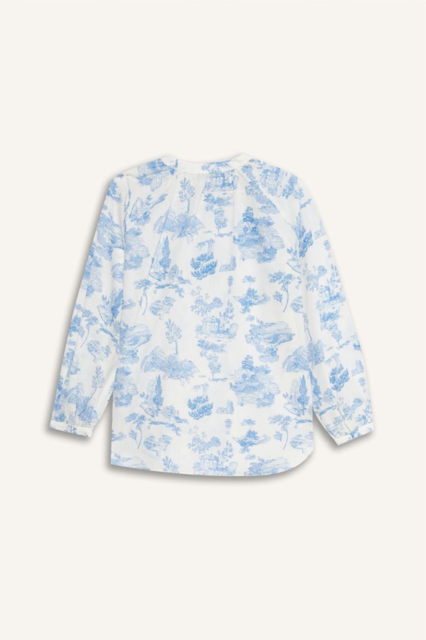 نساء اللون الملكي تونيك قميص كم طويل فوال مطبوع قصة مريحة