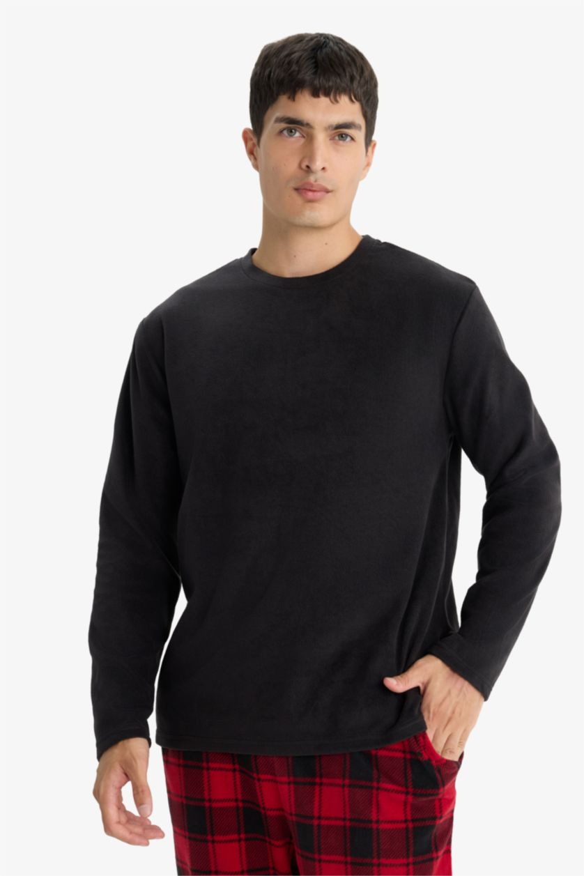 Erkek Siyah Pijama Takımı Regular Fit Polar Uzun Kollu Üst Ekose Desenli Uzun Alt