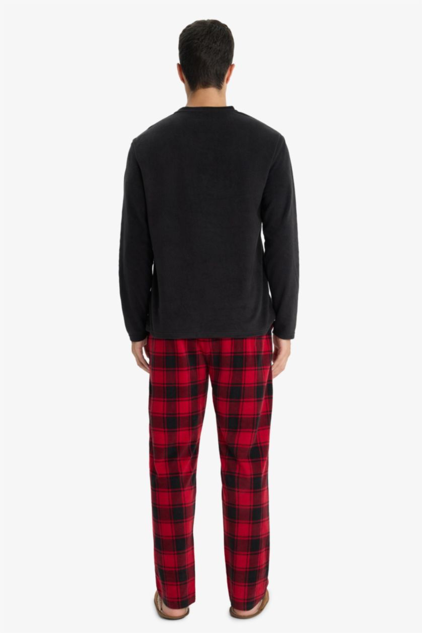 Erkek Siyah Pijama Takımı Regular Fit Polar Uzun Kollu Üst Ekose Desenli Uzun Alt