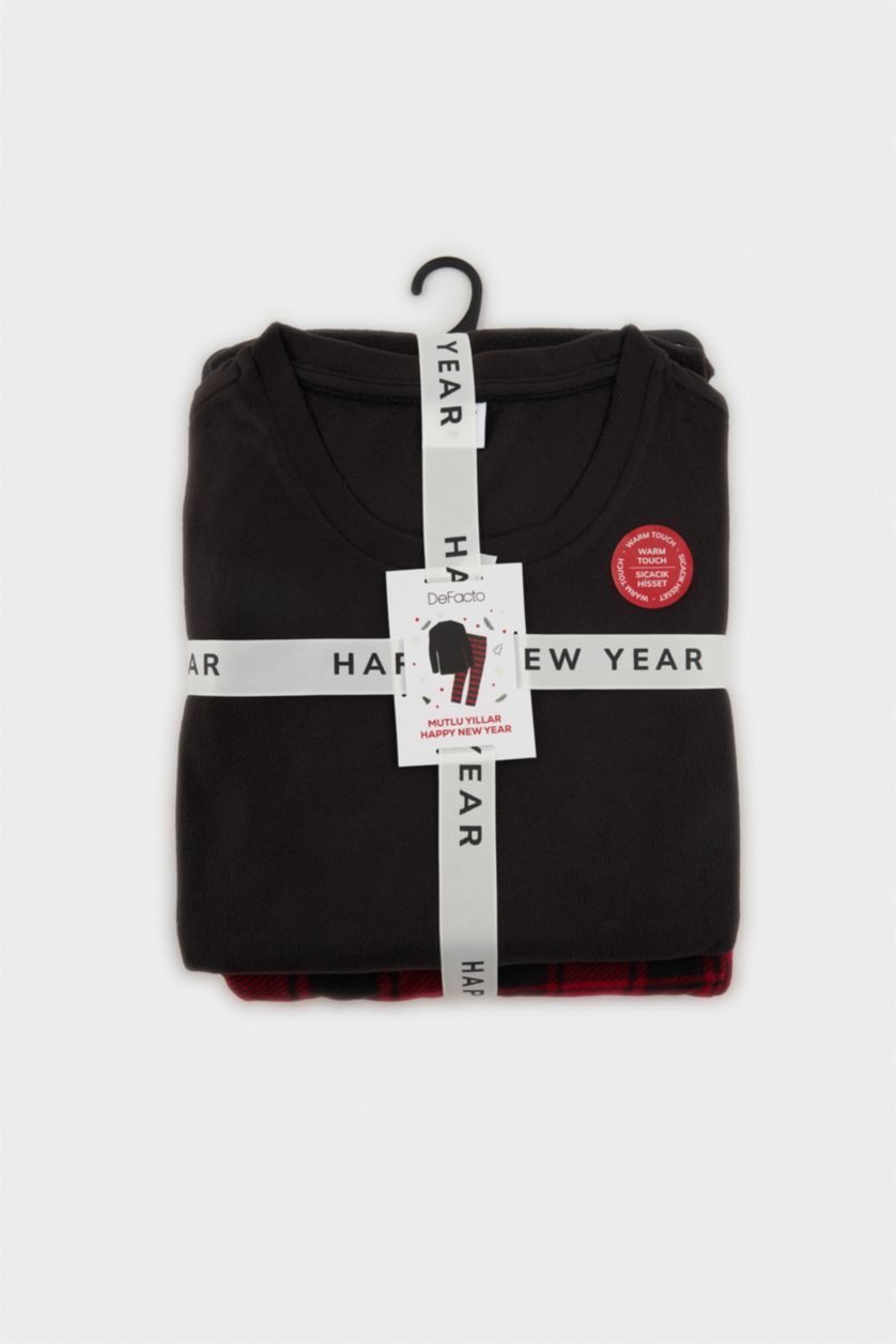 Erkek Siyah Pijama Takımı Regular Fit Polar Uzun Kollu Üst Ekose Desenli Uzun Alt