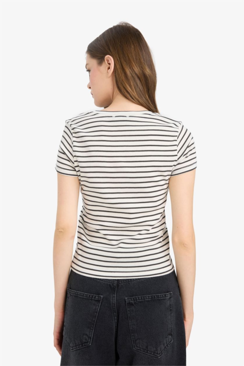 Kadın Kırık Beyaz %100 Pamuk Hello Kitty Çizgili Tişört