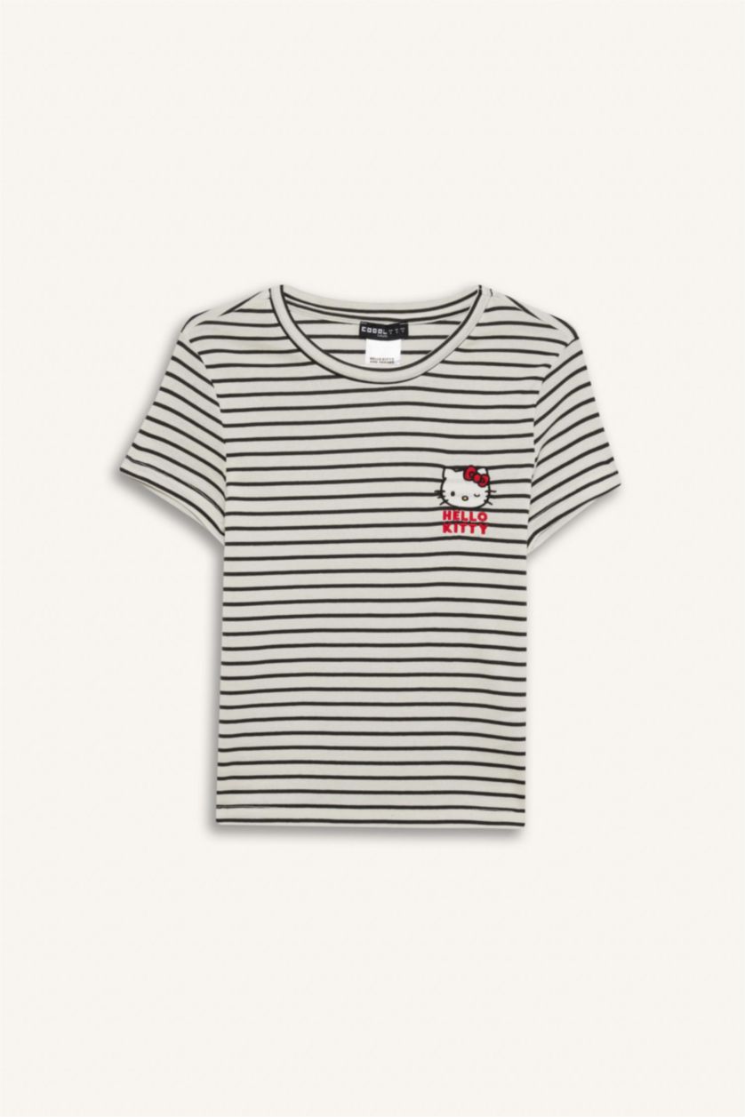 Kadın Kırık Beyaz %100 Pamuk Hello Kitty Çizgili Tişört