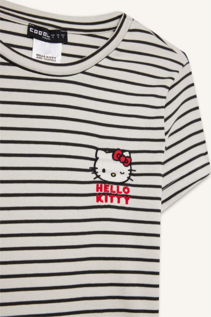 Kadın Kırık Beyaz %100 Pamuk Hello Kitty Çizgili Tişört