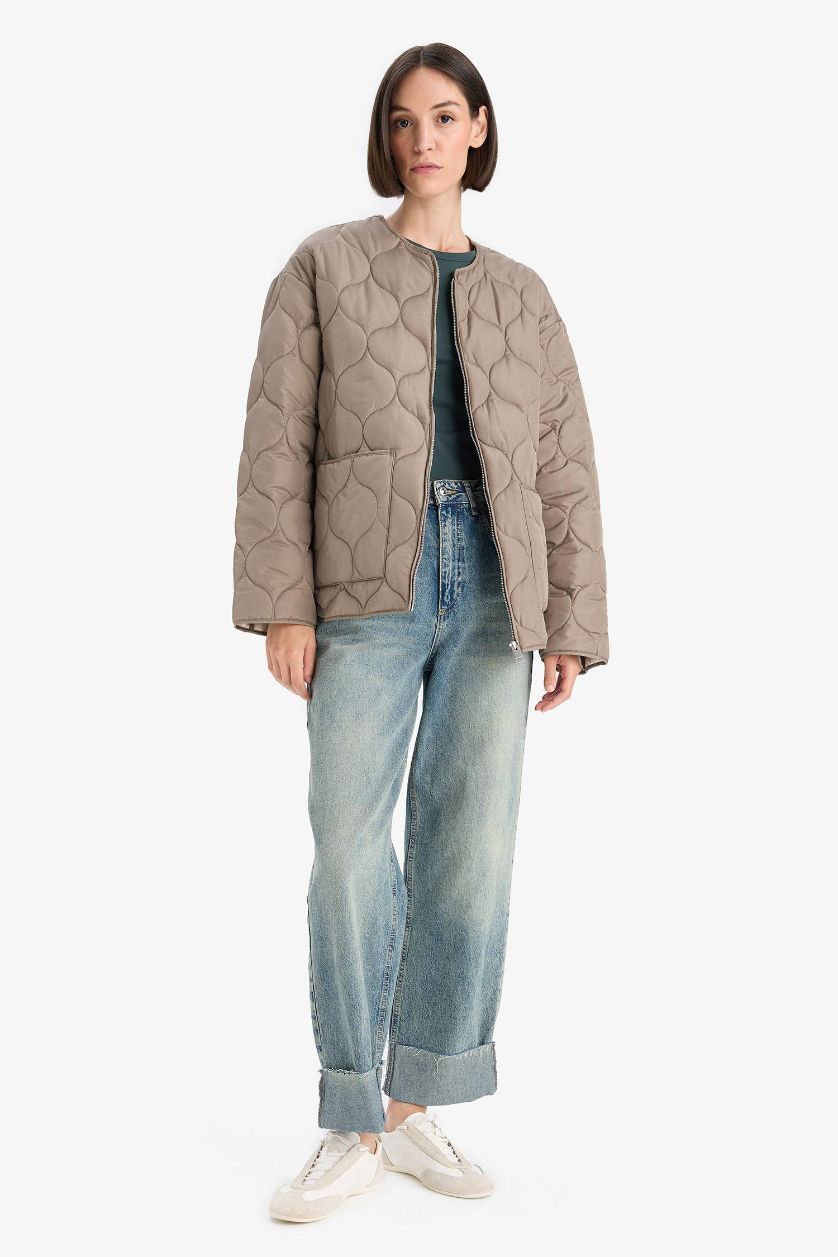 Woman Light Khaki Waterproof Regular Fit Puffer Jacket