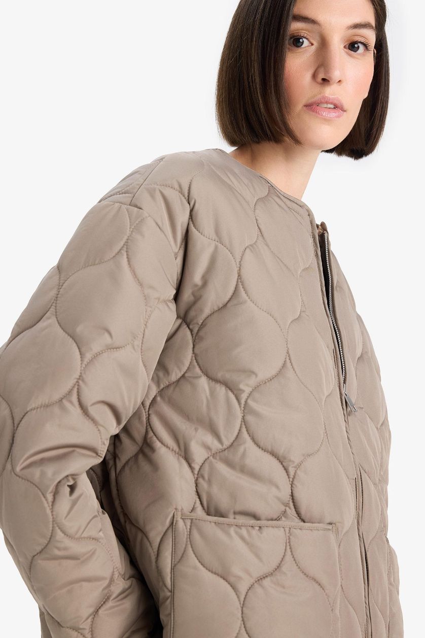 Woman Light Khaki Waterproof Regular Fit Puffer Jacket